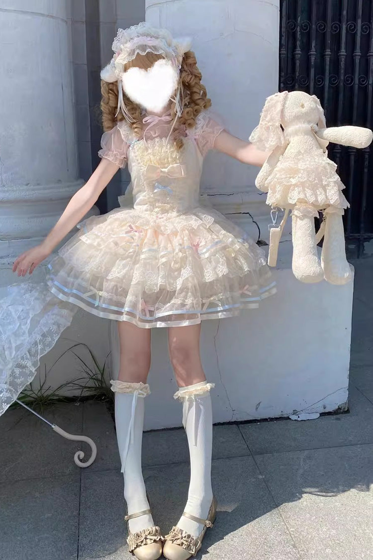 Ballet Apricot Triple-Layer Ruffle Bow Lace Sweet Lolita JSK Dress