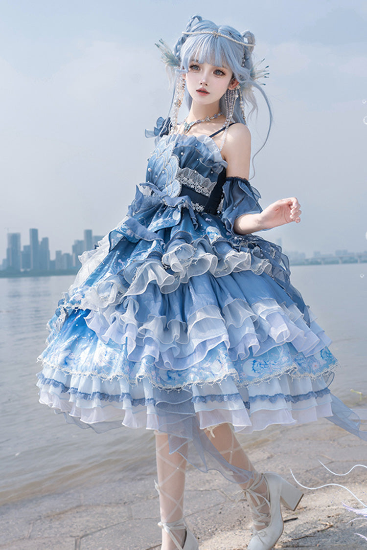 Blue Gradient Lace Embroidery Bowknot Asymmetric Elegant JSK Dress