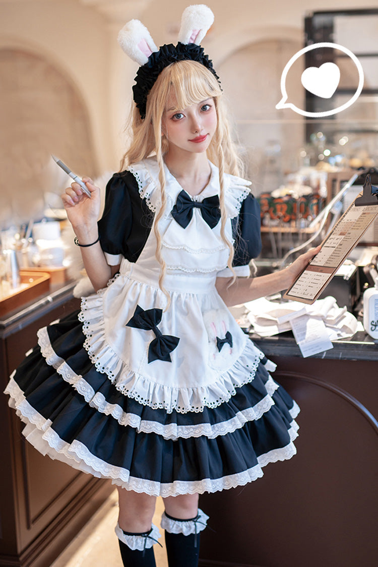 Double-Layer Ruffle Maid Dress - Bowknot Lolita