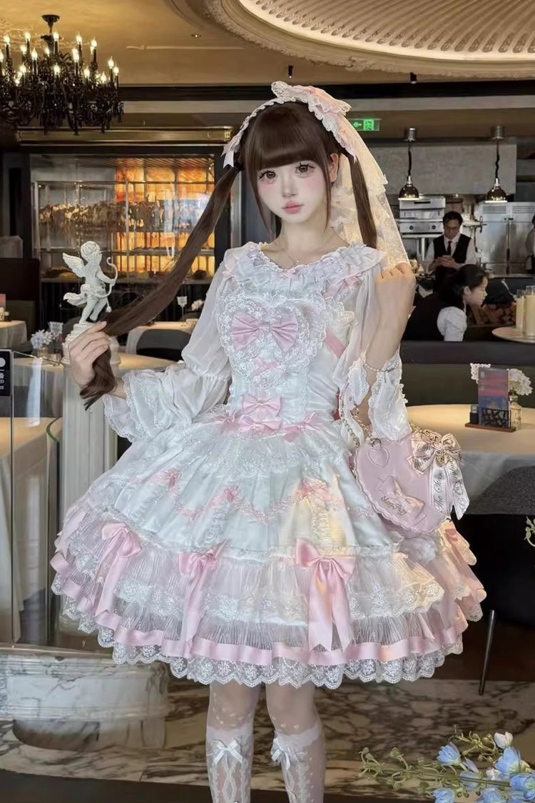 Pink White Scarlet Heart Cocoa Sleeveless Triple-Layered Ruffle Embroidery Lace Sweet Lolita Jsk Dress