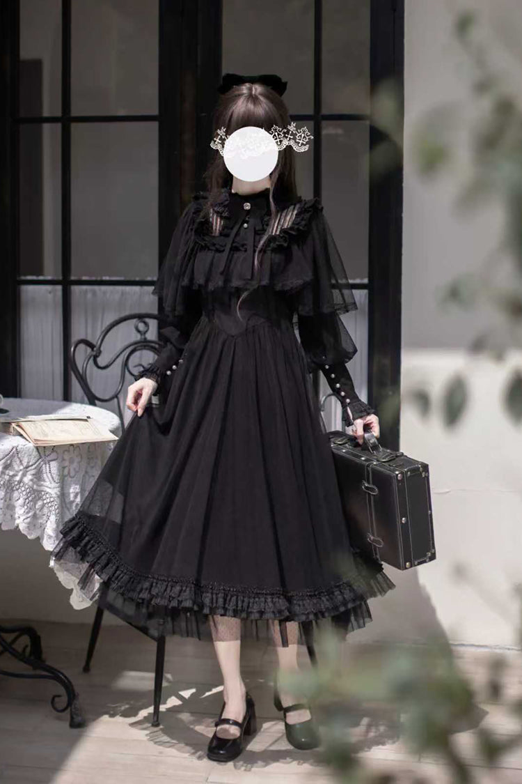 Midnight Lace-Sleeved Bow Detail Elegant Gown - Enchanted Nightdream