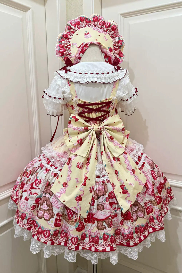 Red/Yellow Sweet Lolita JSK Dress Printed Bow Lace Lace-Up - Sweet Berry Bunny Bear