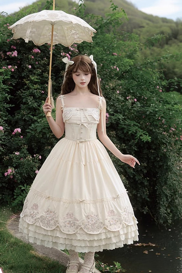 Apricot Princess Lolita JSK Dress with Triple-Layer Ruffles Embroidery Bowknot and Lace