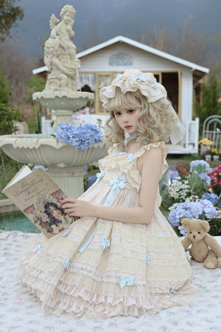 Beige Little Wind Chime Sleeveless Multi-Tiered Printed Ruffled Bow Lace Sweet Elegant Princess Lolita Jumper Dress