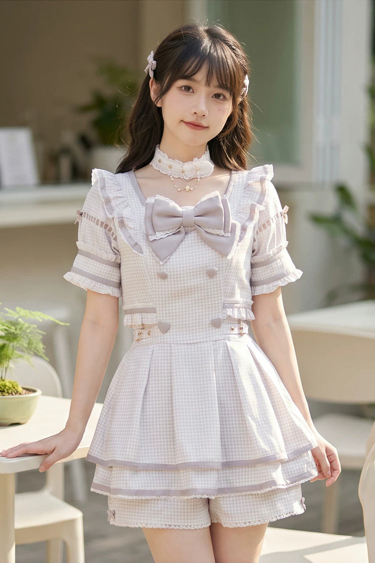 Cute Bow Print Square Neck Short Sleeve Plus Size Jirai Dress with Matching Shorts