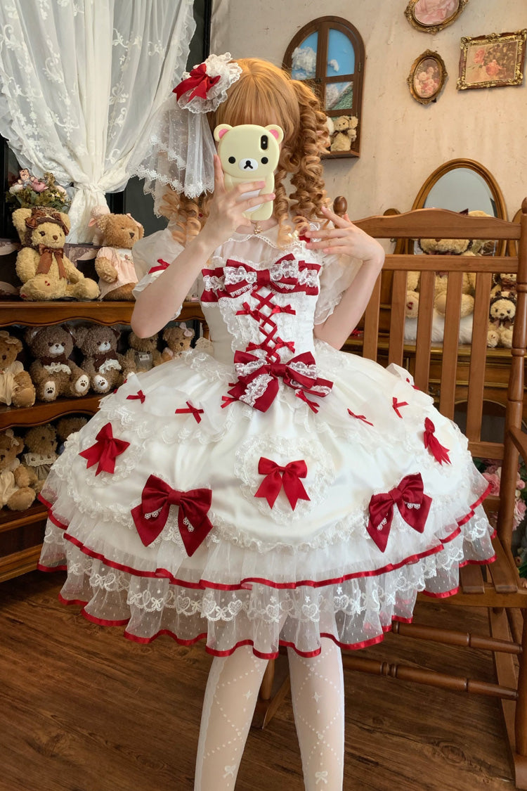 Ivory and Scarlet Heart Sleeveless Layered Embroidered Bow Lace-Up Sweet Lolita JSK