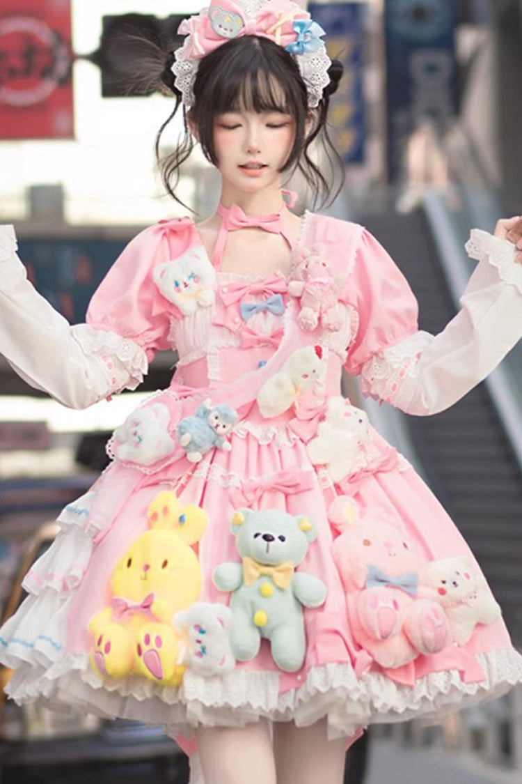 Pink Square-Collar Doll-Print Detachable-Sleeve Bow-Trimmed Princess Sweet Dress