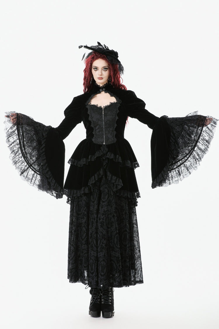 Jet-Black Gothic Coatlet with Layered Ruffles and High-Low Hem for Women