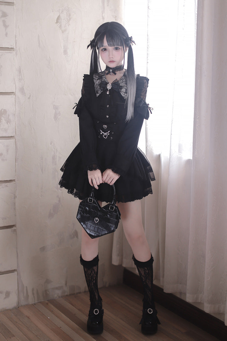Midnight Lapel Long-Sleeve Layered Ruffled Skirt Set - Dreamy Love Ballad
