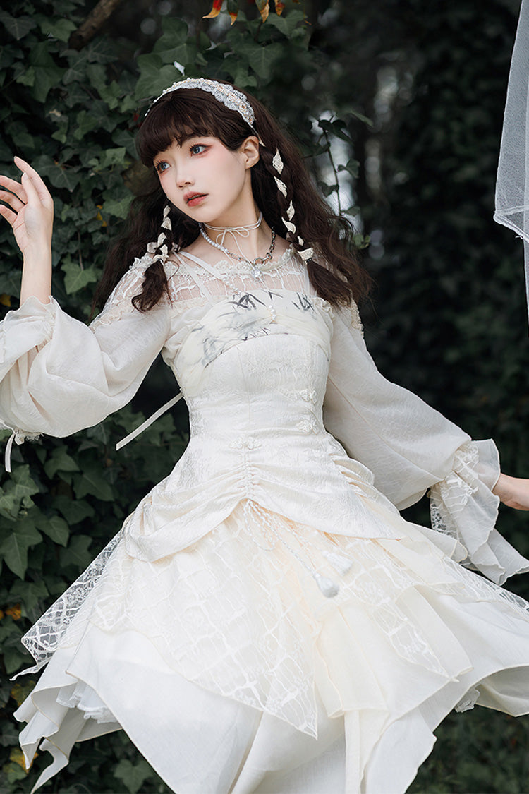 White Layered Bow Elegant Asymmetric Princess Lolita Dress