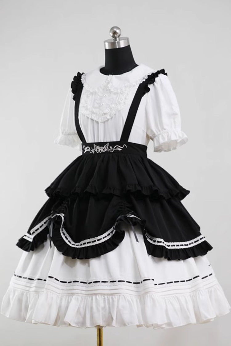 White Lapel Collar Short Sleeves Ruffle Bowknot Gothic Lolita Maid Dress