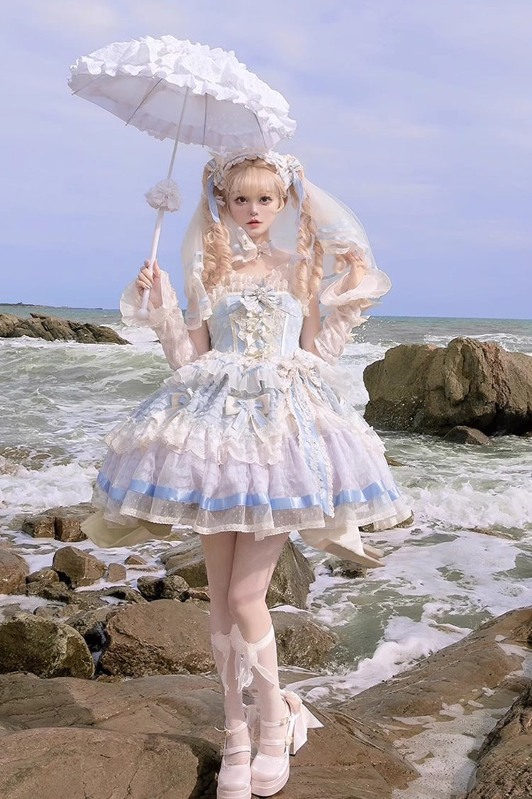 Moonstone Sleeveless Ruffle Embroidery Bow Lace Fishbone Princess Dress in Blue