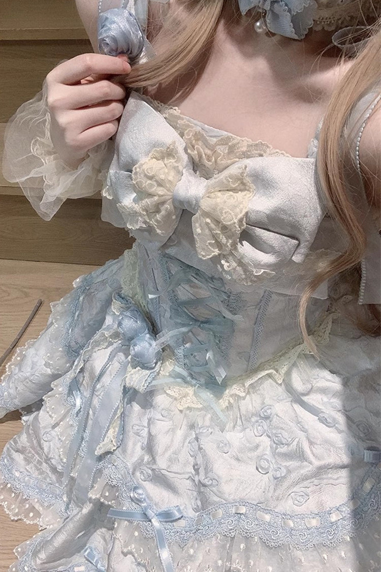 Blue Double-Layered Ruffled Embroidered Bow Lace Sweet JSK - Floral Overture