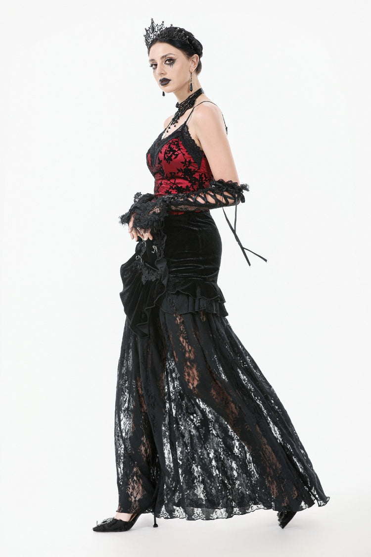 Gothic Velvet Long Skirt with Lace and Lace-Up, Black