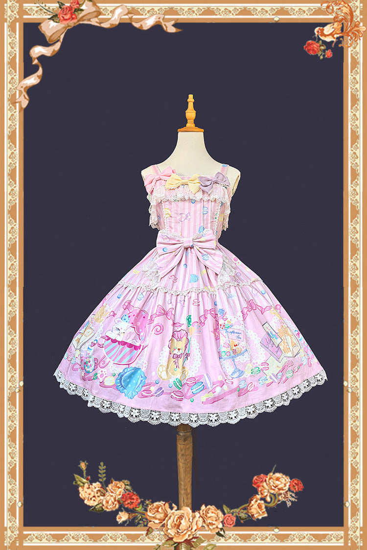 Pink Sleeveless Sweet Lolita JSK Dress Square Collar Bow Print - Macarons Dolly House