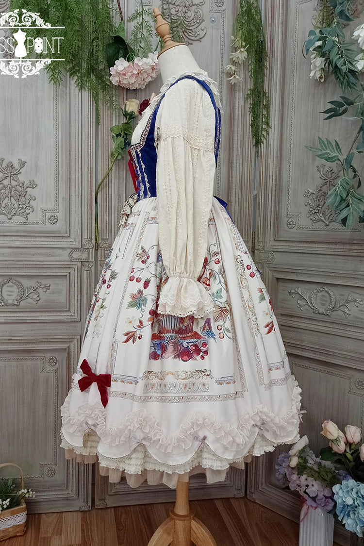 Cream Ode to Plenty Berry Bird Print Velvet Bow Frilled Classic Lolita Corset JSK Dress