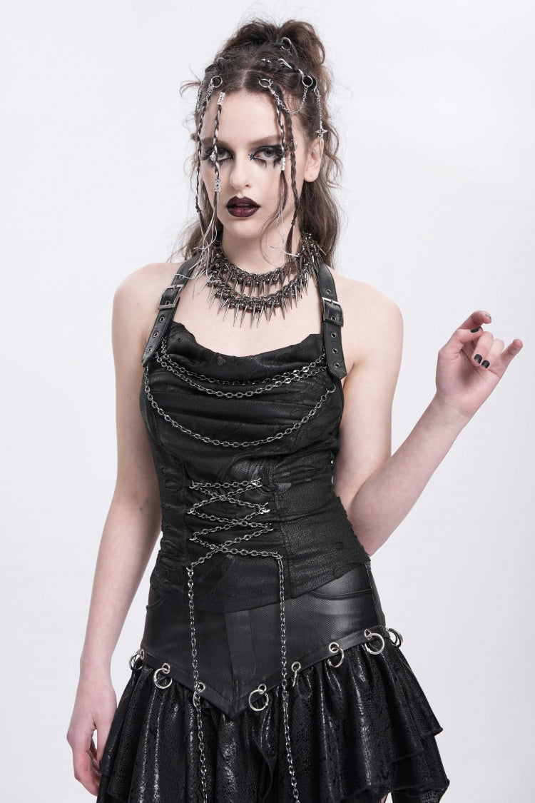 Rebel Black Chained Ripped Halter Punk Vest