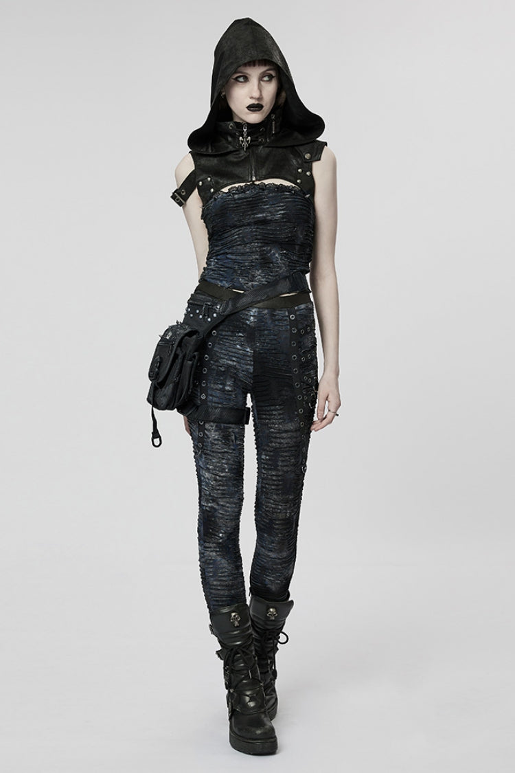 Slim Ripped Tie-Dyed Metal Loop Steampunk Leggings, Two Shades