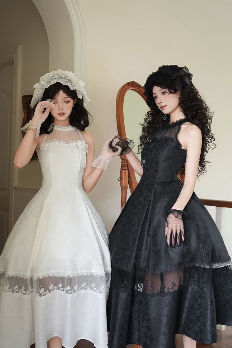 Ivory Off Shoulder Halter Print Ruffle Gothic Elegant Dress