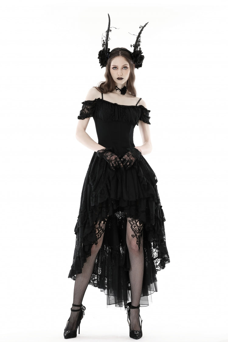 Black Boat Neck Off-Shoulder Short Puff Sleeve Ruffled Lace Lace-Up Irregular Gothic Dress
