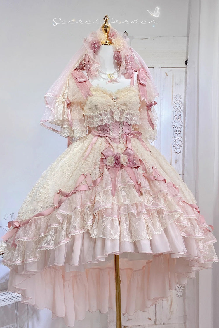 Diane Rose Pink Short Sleeves Multi-Layered Jacquard Ruffle Hanayome Cardigan Bowknot Lace Sweet Dress