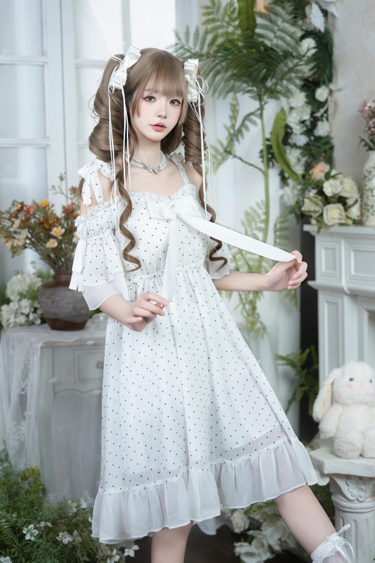 Off Shoulder Short Sleeve Polka Dot Printed Ruffled Bow Lace Palace Dress - White