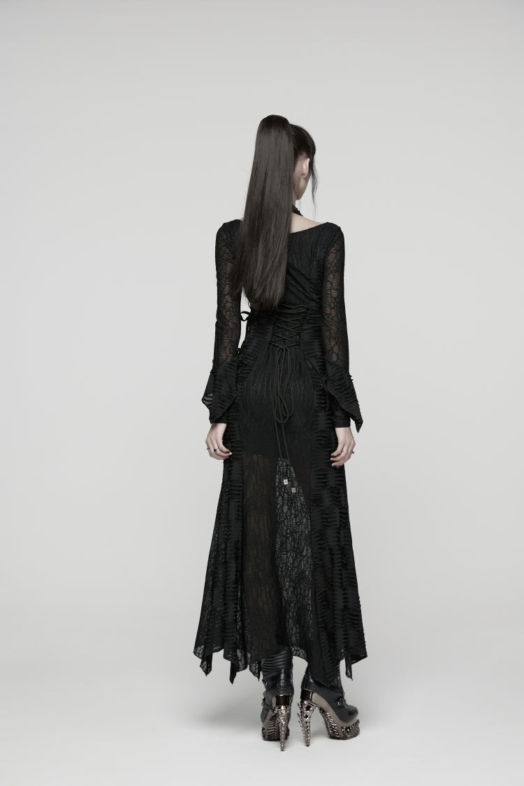 Off Shoulder Halterneck Long Trumpet Sleeves Lace Lace-Up Gothic Punk Dress