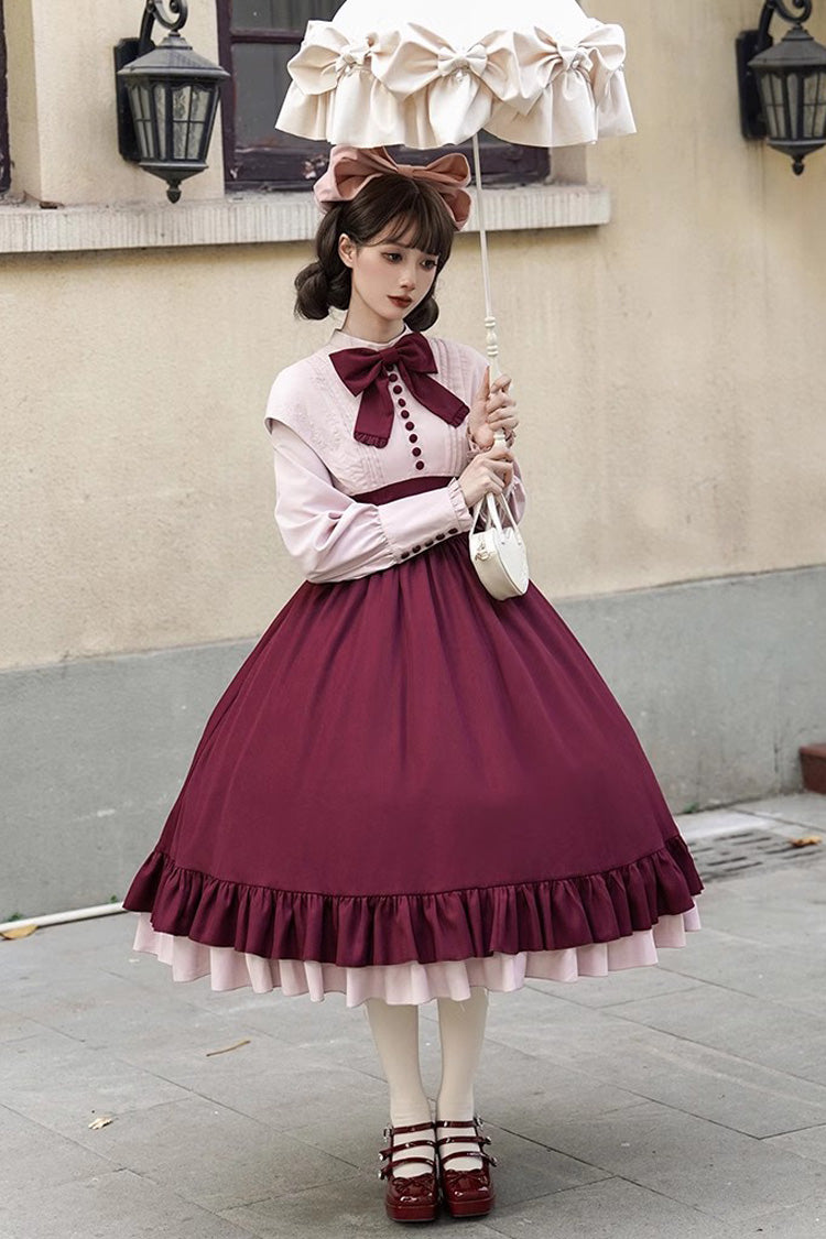 Elegant Rose-Embroidered Long-Sleeve Ruffle Bow Dress with Faux Two-Piece Style in 2 Shades