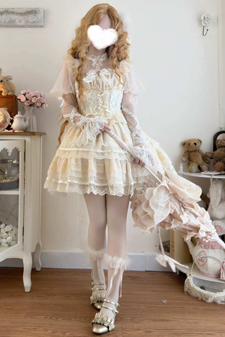 Apricot Sweet Ballet Lolita Skirt Set with Double-Layer Bowknot Lace and Elegant Style