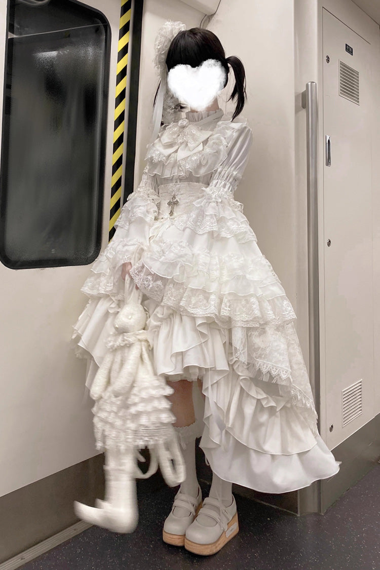 Ivory Long Hime Sleeve Ruffled Bow Gothic Skirt Dress Set