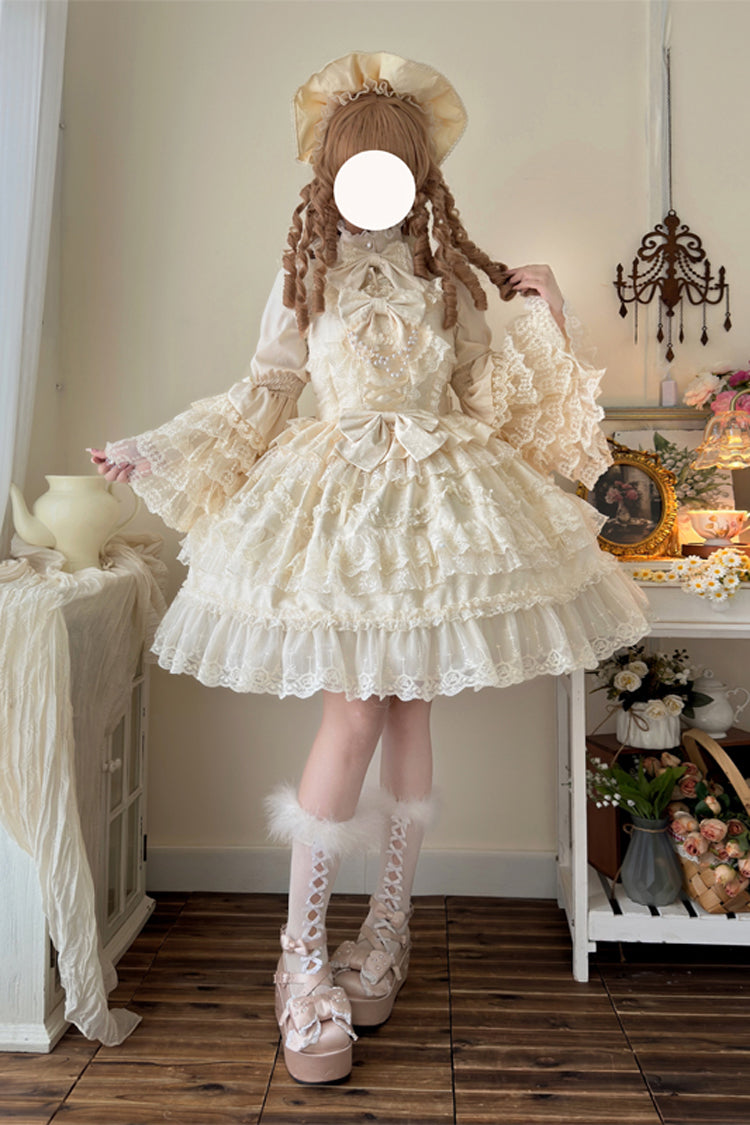 Apricot Sweet Lolita JSK Dress with Multi-Layer Ruffles Bowknot Lace and Pearl Accents