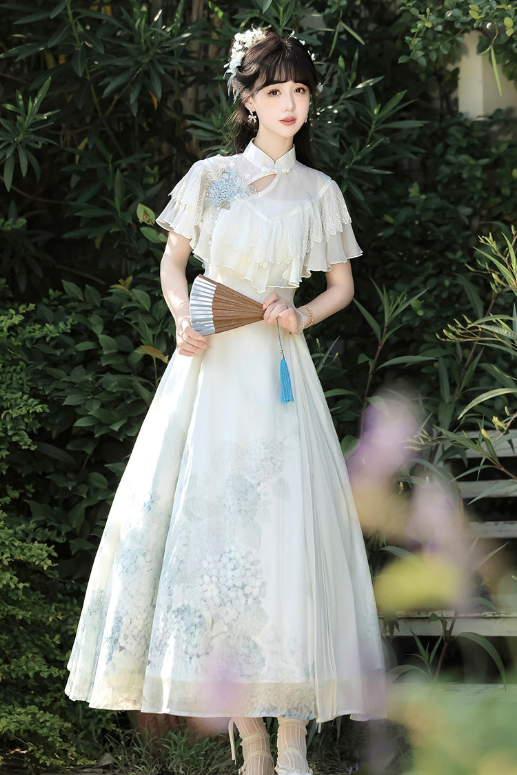Ivory Print Ruffle Lace Chinese Elegant Dress
