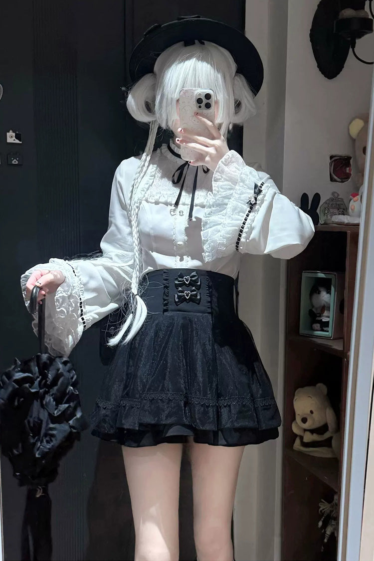 Moonlit Butterfly Lapel Collar Trumpet Sleeve Ruffled Lace Japanese Skirt Set