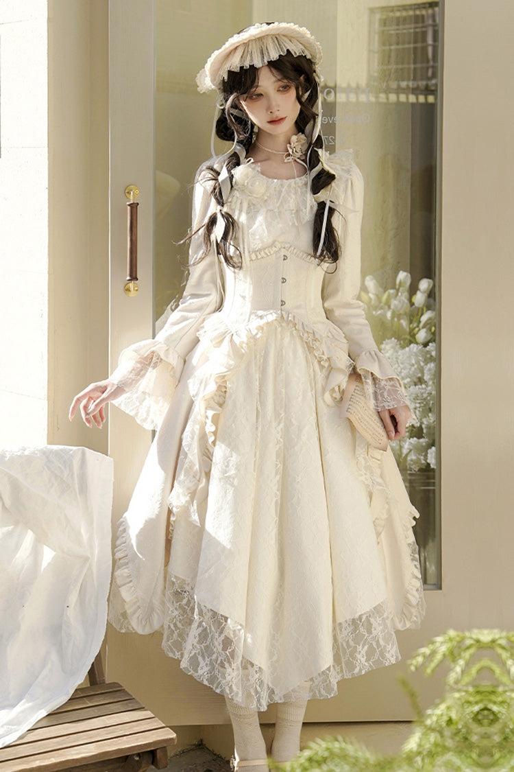 Princess Lace Dress with Ruffle Sleeves in Ivory