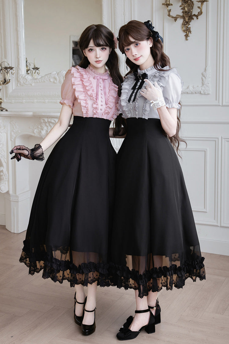 Miss Lola Snow Kiss Stand Collar Short Puff Sleeves Ruffled Color-Blocked Faux Two-Piece Sweet Lolita Long Dress 3 Colors - Black