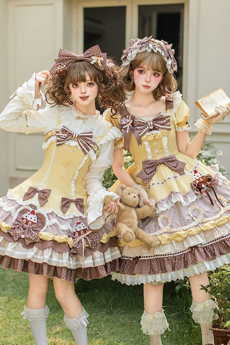Polka Dot Cake Multi-Layered Printed Ruffled Sweet Lolita OP - Yellow/Brown