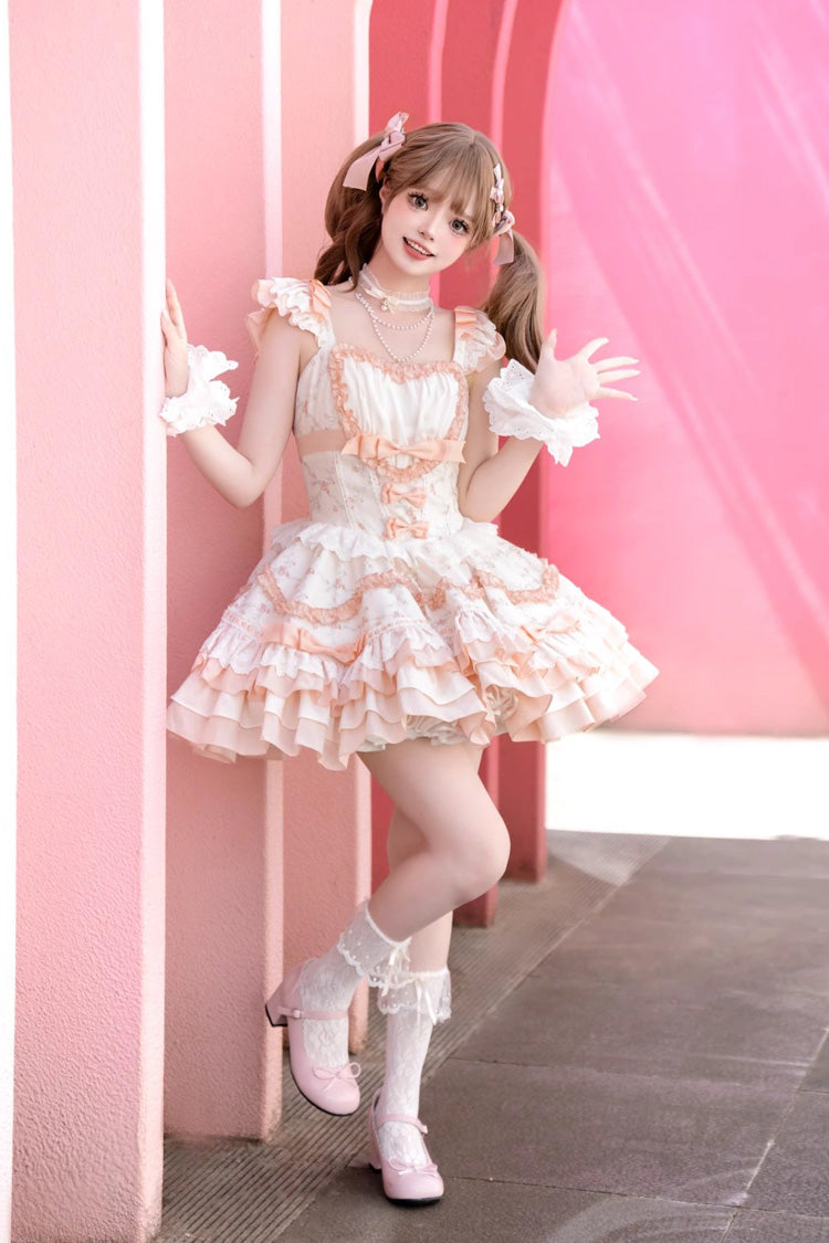 Floral Printed Multi-Layer Lace Sweet Lolita Tiered Dress - Ruffled Bowknot