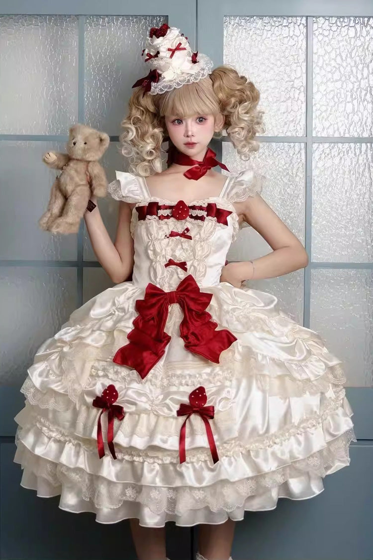 Sweet Apricot Square Collar Sleeveless Layered Ruffle Embroidered Bow Lolita JSK