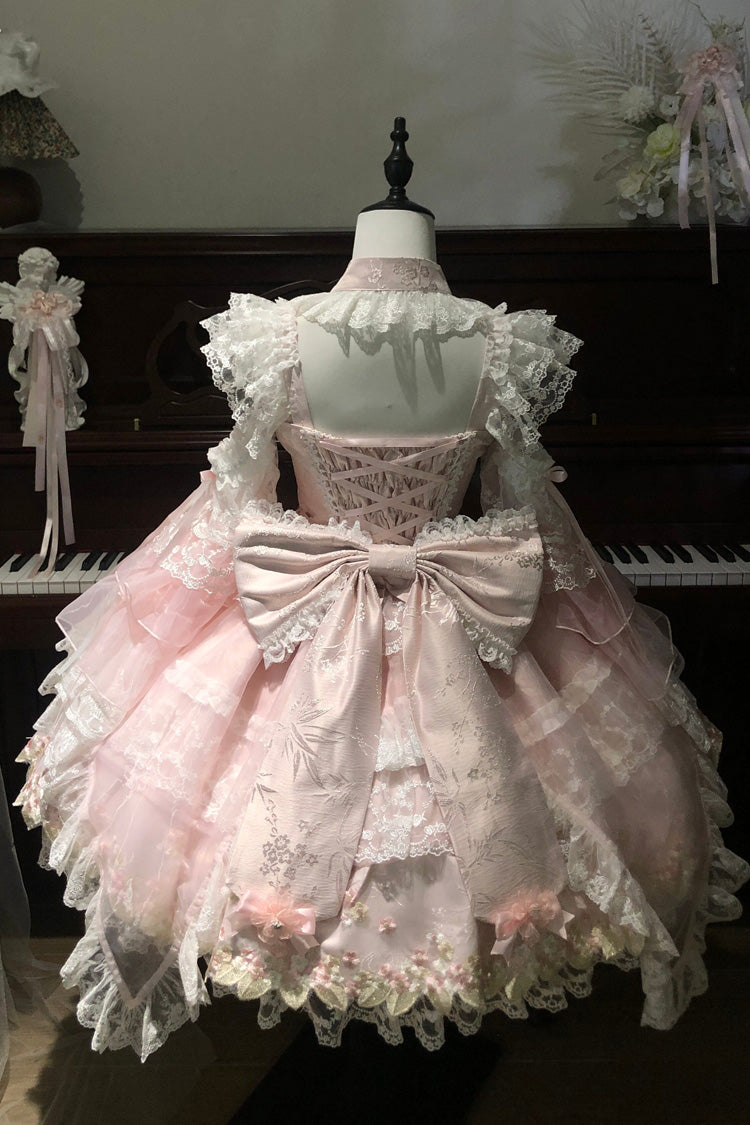 Spring Entwined with Cherry Clouds Short Sleeves Embroidered Bow Lace Sweet Chinese Style Lolita Dress - Pink