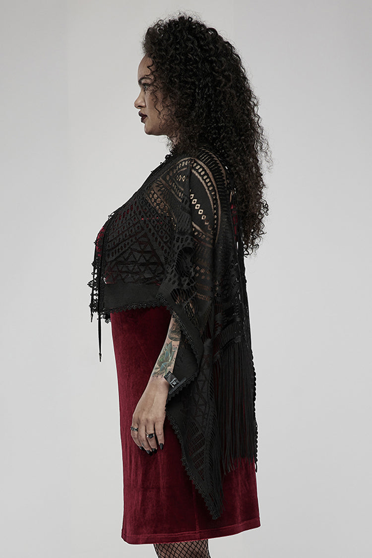 Openwork Lace Embroidery Hem Fringed Gothic Shawl