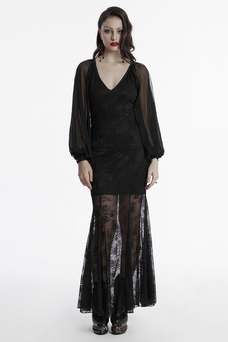 Jet-Black Punk Dress with Batwing Sleeves and Hollow Embroidery
