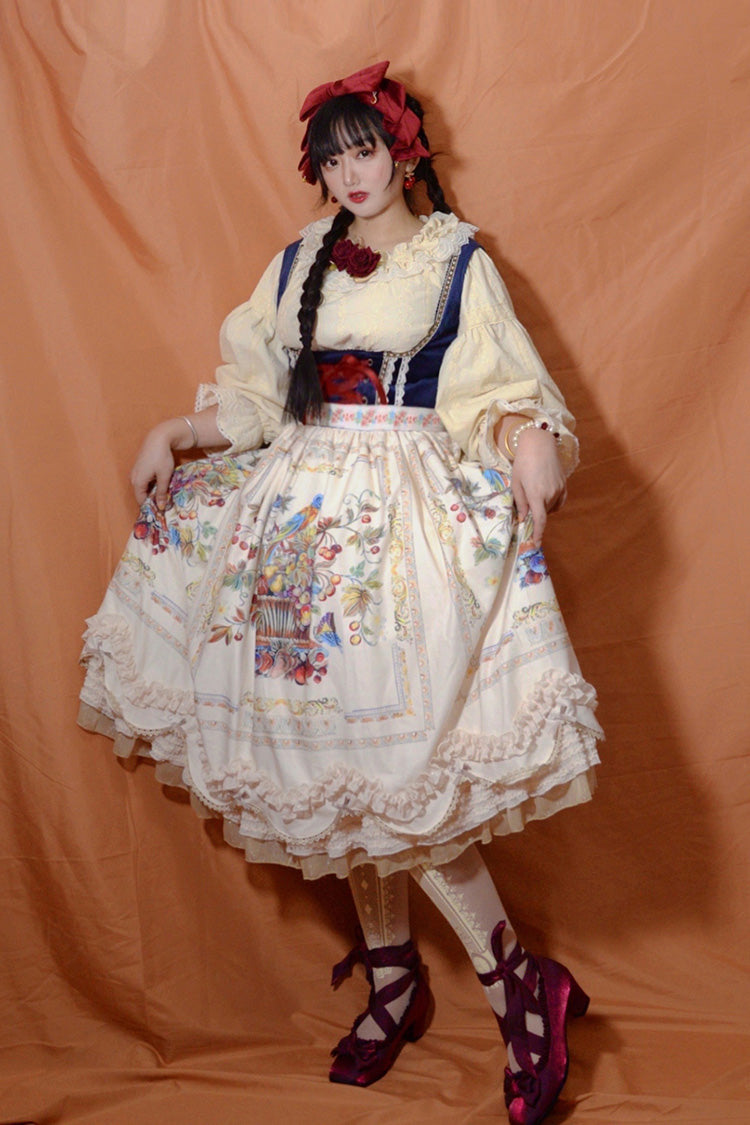 Cream Ode to Plenty Berry Bird Print Velvet Bow Frilled Classic Lolita Corset JSK Dress