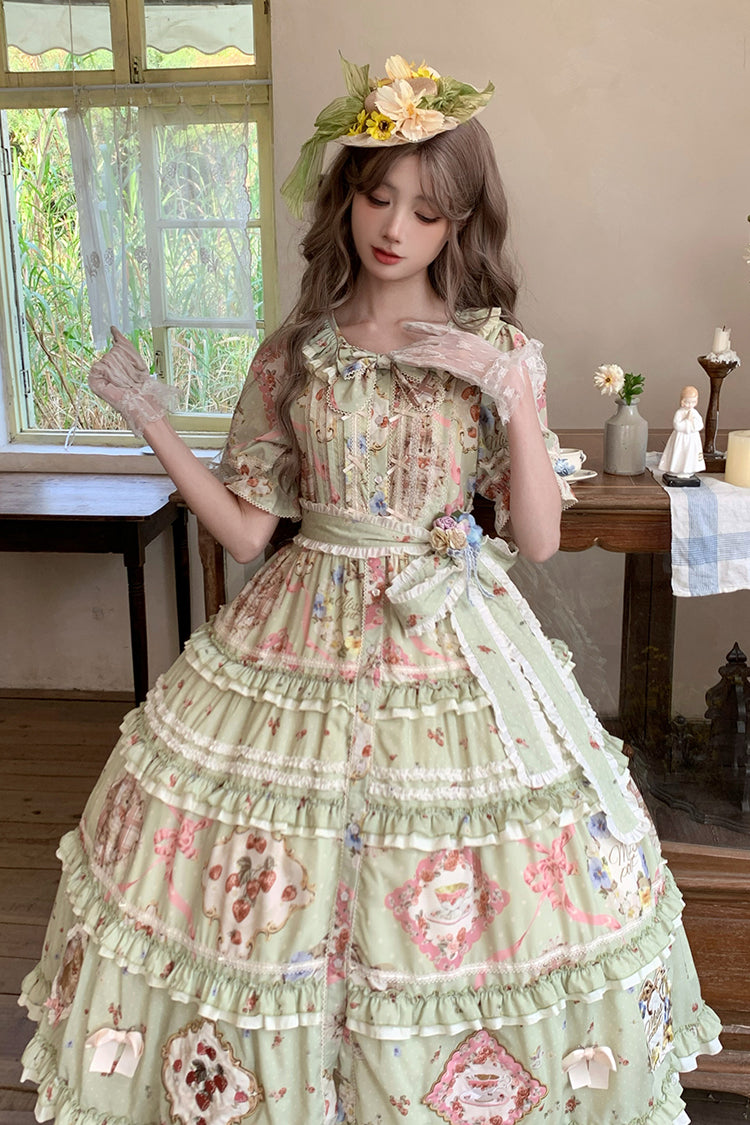 Green Short Sleeve Print Ruffle Cardigan Bowknot Gorgeous Dress