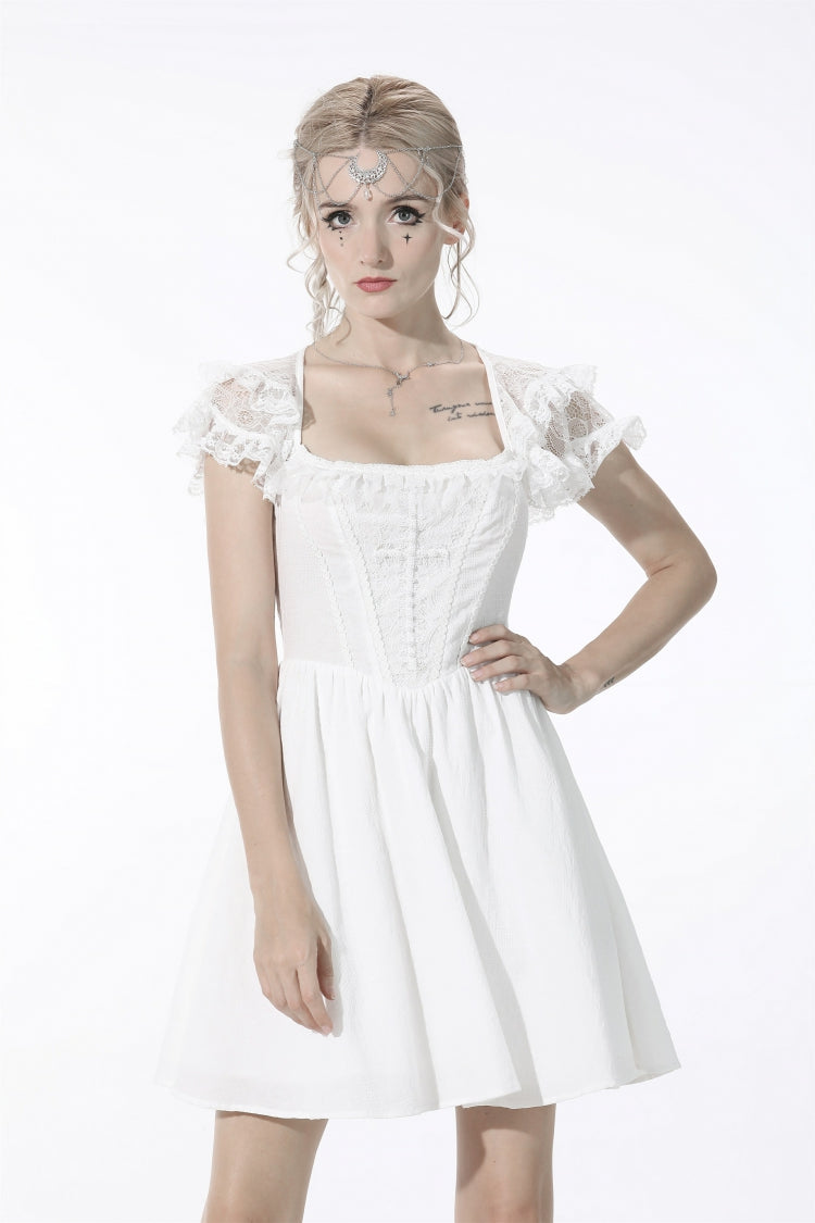 White Layered Lace Square Collar Strappy Gothic Mini Dress