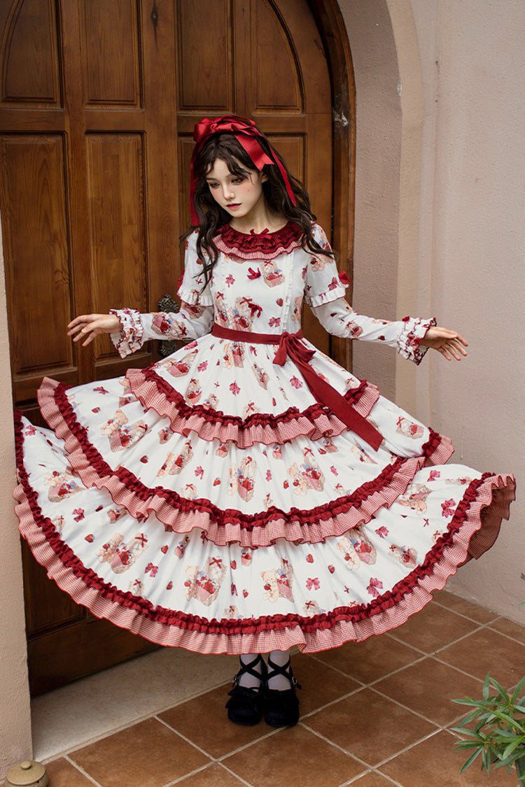 Blush Pink & White Berry Farm Print Long-Sleeve Layered Ruffled Sweet Lolita Gown