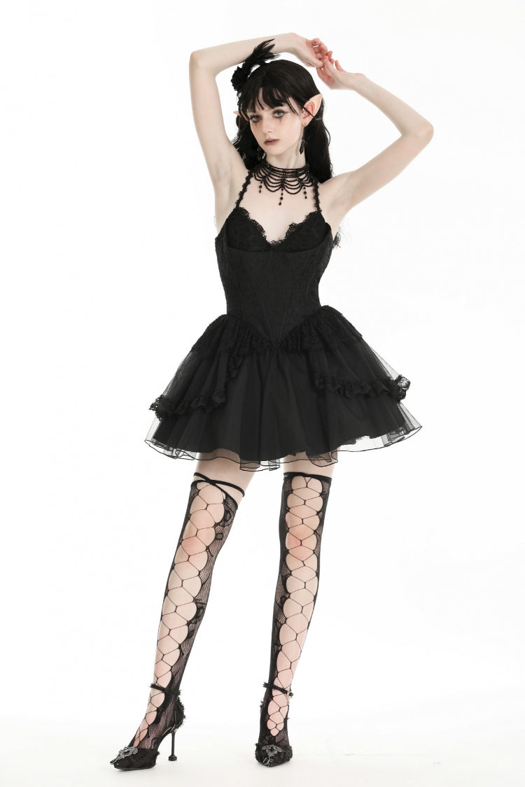 Lace Trimmed Lace-Up Gothic Party Slip Dress with V-Neck