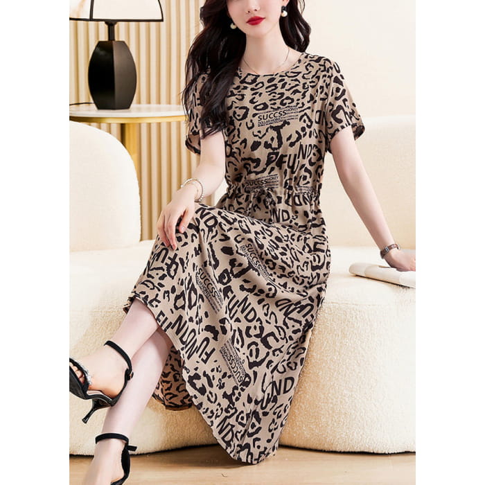 DIY Khaki O-Neck Print Tie Waist Maxi Dress Short Sleeve Cospicky DIY Khaki O-Neck Print Tie Waist Maxi Dress Short Sleeve Cospicky