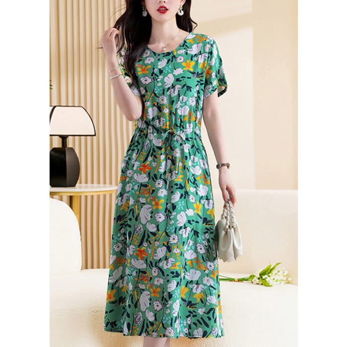 DIY Khaki O-Neck Print Tie Waist Maxi Dress Short Sleeve Cospicky DIY Khaki O-Neck Print Tie Waist Maxi Dress Short Sleeve Cospicky