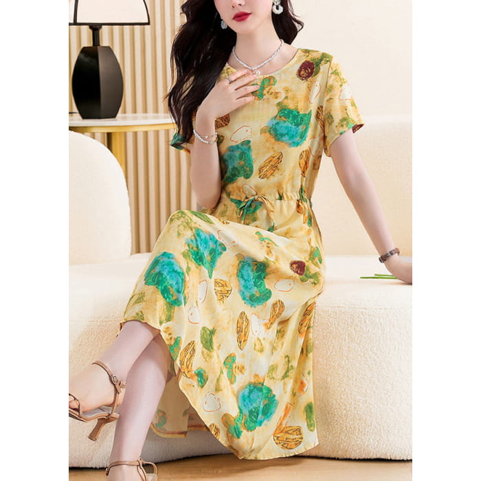 DIY Khaki O-Neck Print Tie Waist Maxi Dress Short Sleeve Cospicky DIY Khaki O-Neck Print Tie Waist Maxi Dress Short Sleeve Cospicky