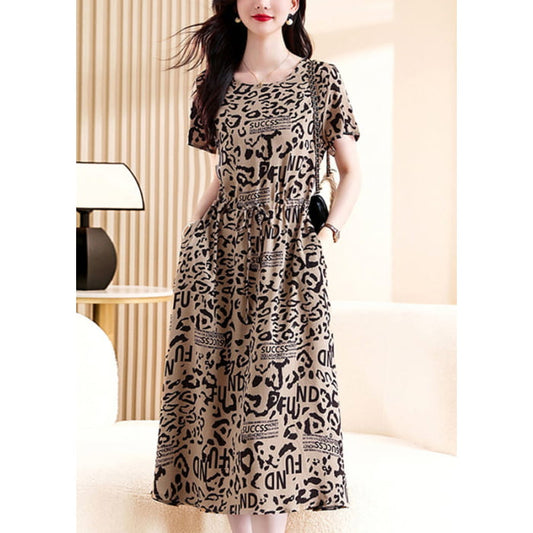 DIY Khaki O-Neck Print Tie Waist Maxi Dress Short Sleeve